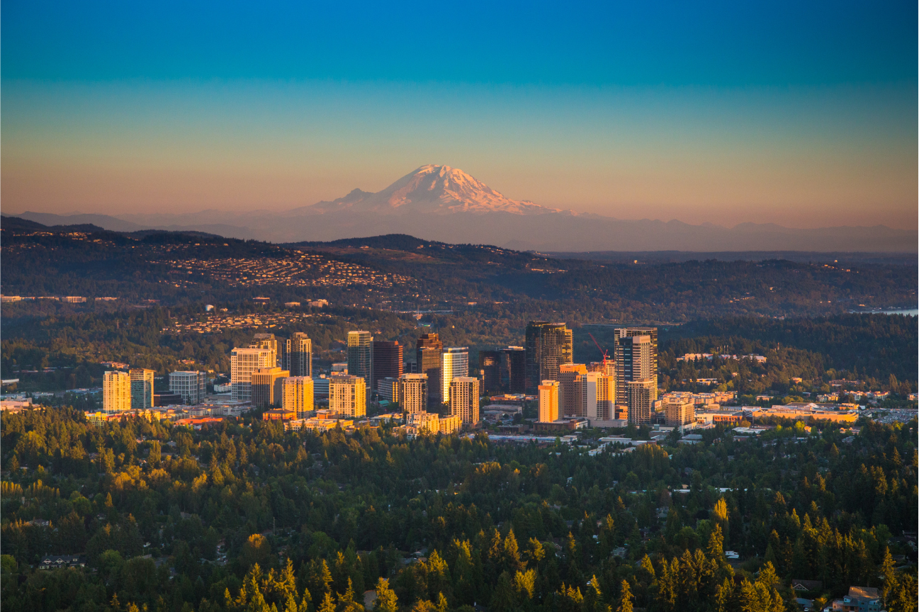 Aerial view of Bellevue with Mount Rainier in the background