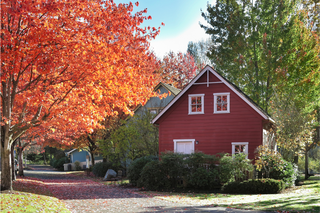 Classic Bothell home framed by autumn foliage