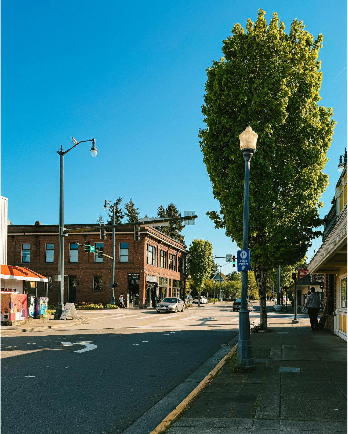 Walkable downtown Redmond street scene on a sunny day