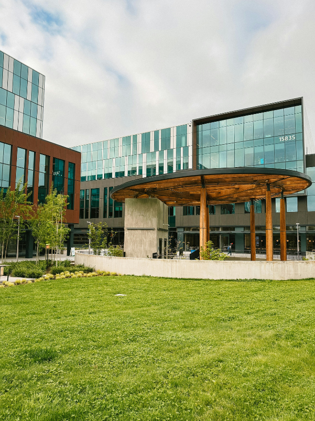 Modern tech campus office buildings in Redmond near Microsoft