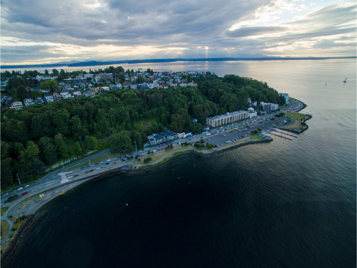 Aerial panorama of West Seattle peninsula with Puget Sound